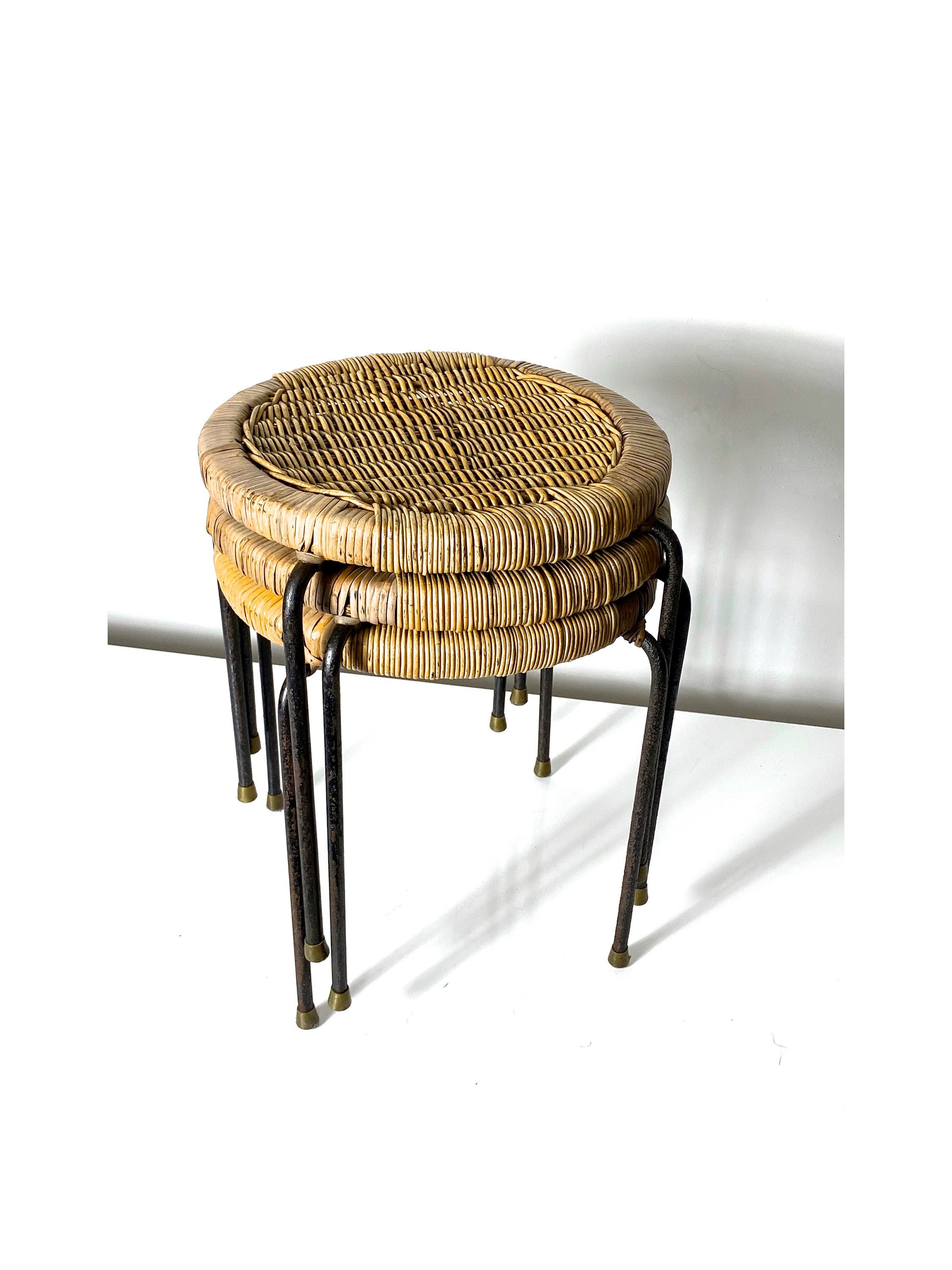ON HOLD Set of Three Wicker Iron Stacking Tables or Stools 1950s