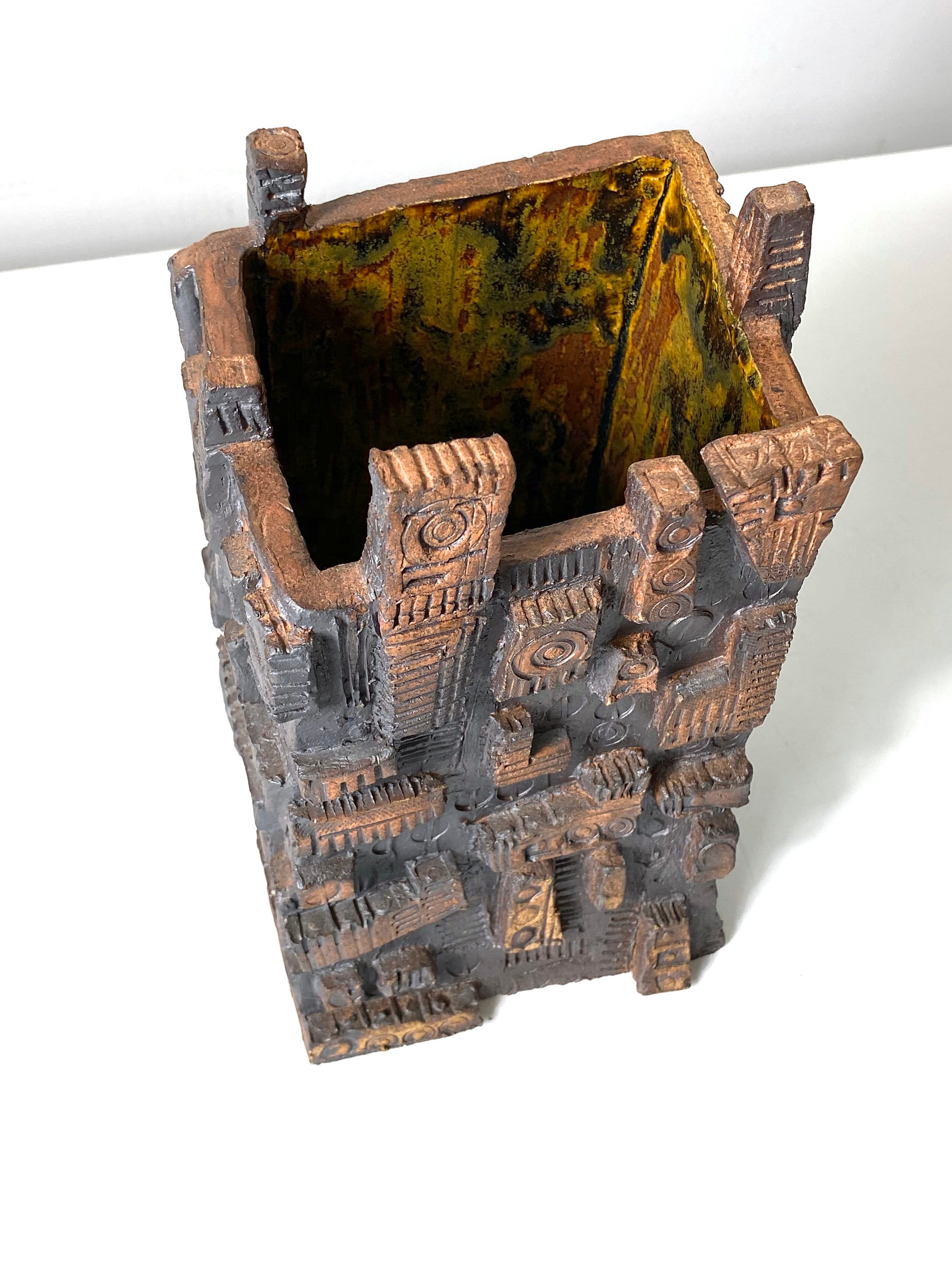 Unique Mid Century Modern Brutalist Signed Studio Pottery Vase 1970s