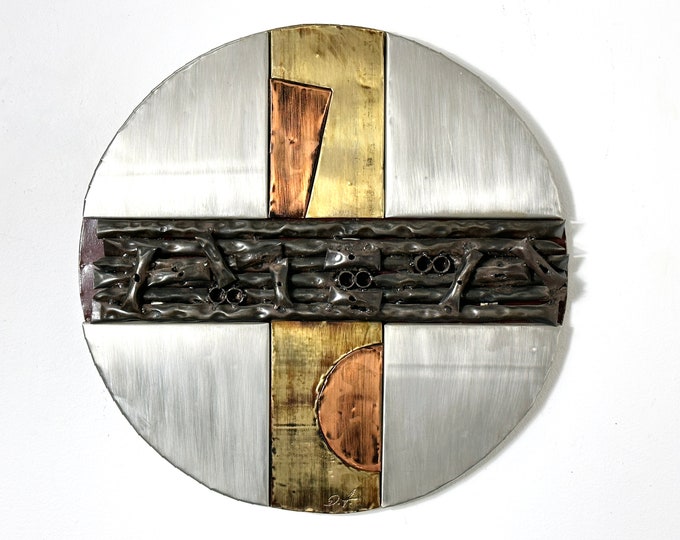 21" Diameter Vintage Don Freedman Mixed Metal Brutalist Abstract Round Wall Sculpture 1970s