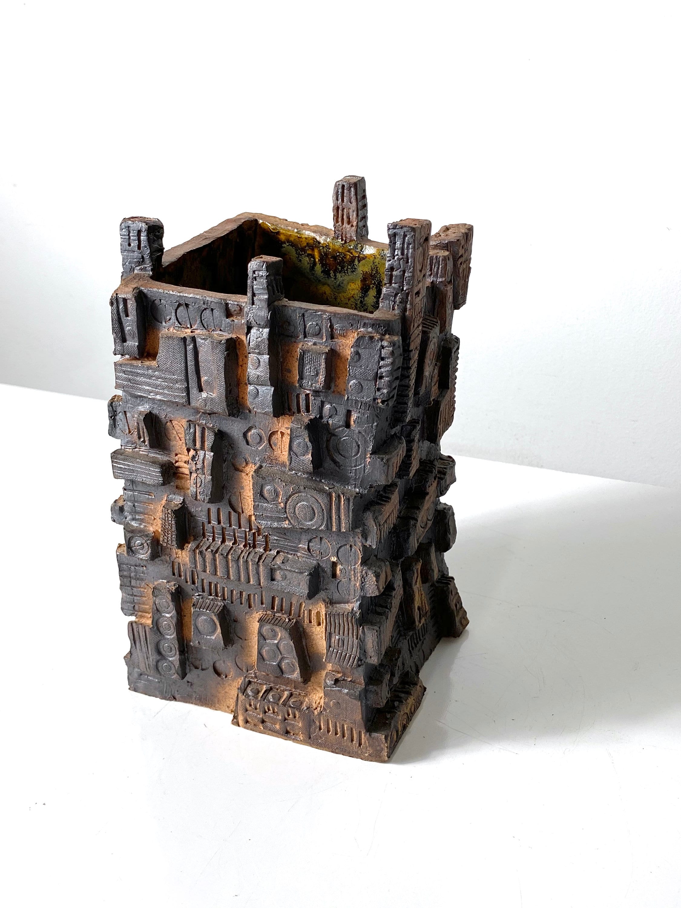 Unique Mid Century Modern Brutalist Signed Studio Pottery Vase 1970s