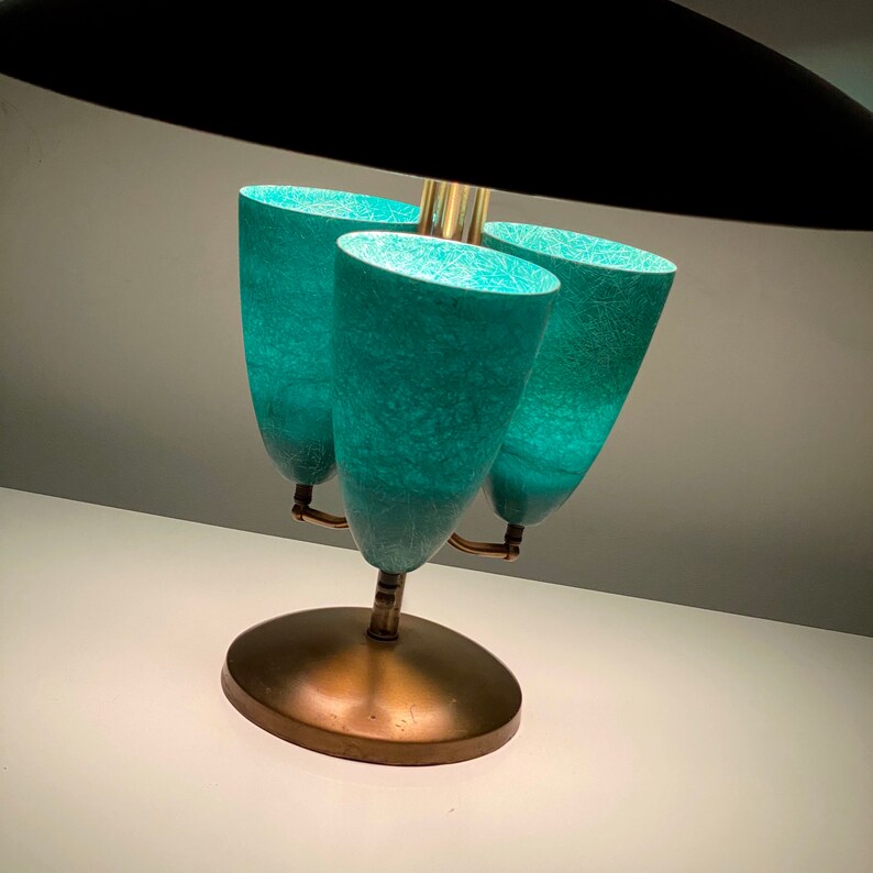 Large Modernist Brass Canopy Fiberglass Cone Table Lamp 1950s image 6