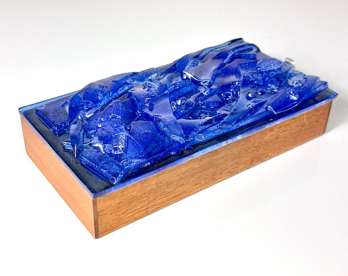 Vintage Mid Century Modern Cobalt Blue Fused Glass Lidded Teak Trinket Box by Robert Brown 1960s