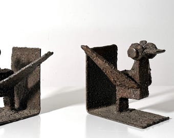 Mid Century Harry M Wasserman Brutalist Welded Steel Bird Form Sculptural Bookends 1960s