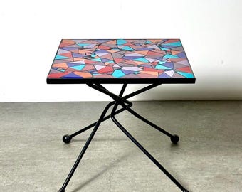 Vintage Artist Made Modernist Ceramic Tile Mosaic Side Table with Sculptural Iron Base