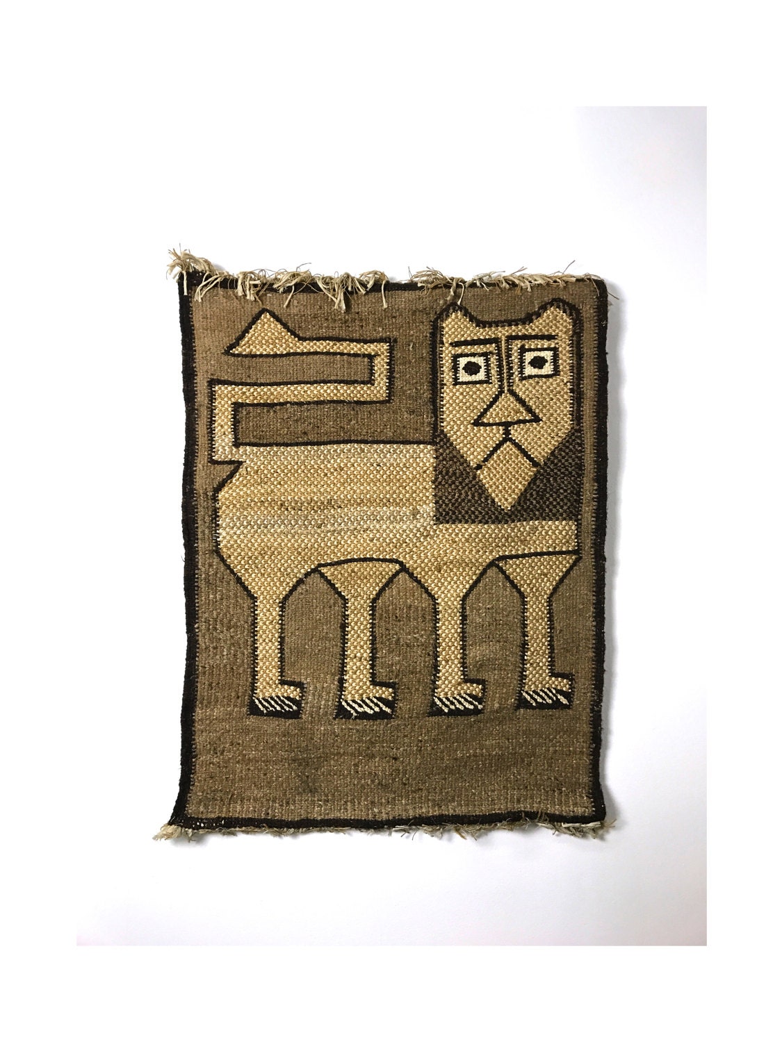 41x31 Modernist Woven Jute Lion Fiber Art Wall Hanging