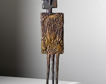 Vintage Abstract Modernist Bronze Figural Sculptural with Brutalist Relief Texture 1970s