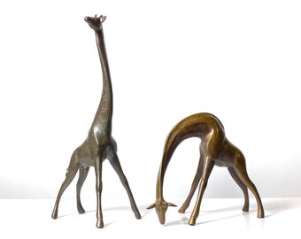 21" Pair Vintage Bronze Brass Figural Giraffe Sculptures 1970s