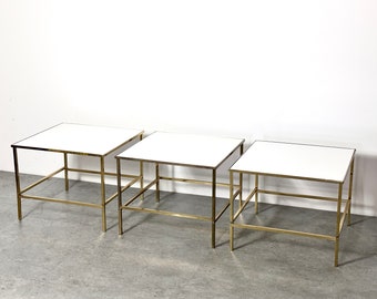 Three Vintage Brass and White Vitrolite Square Side Tables by Harvey Probber 1950s Mid Century Modern