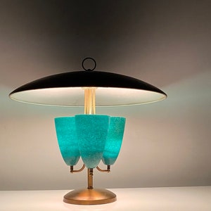 Large Modernist Brass Canopy Fiberglass Cone Table Lamp 1950s image 4