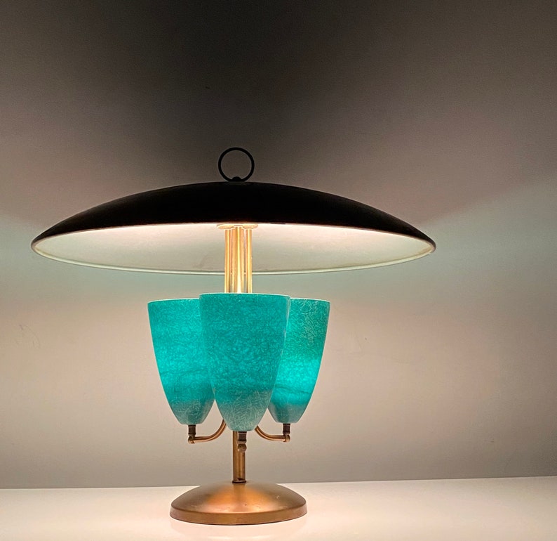 Large Modernist Brass Canopy Fiberglass Cone Table Lamp 1950s image 4