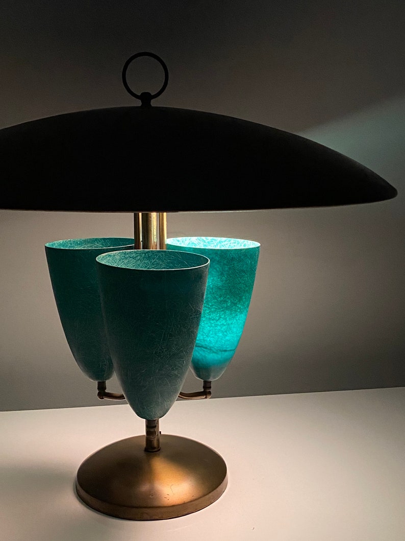 Large Modernist Brass Canopy Fiberglass Cone Table Lamp 1950s image 5