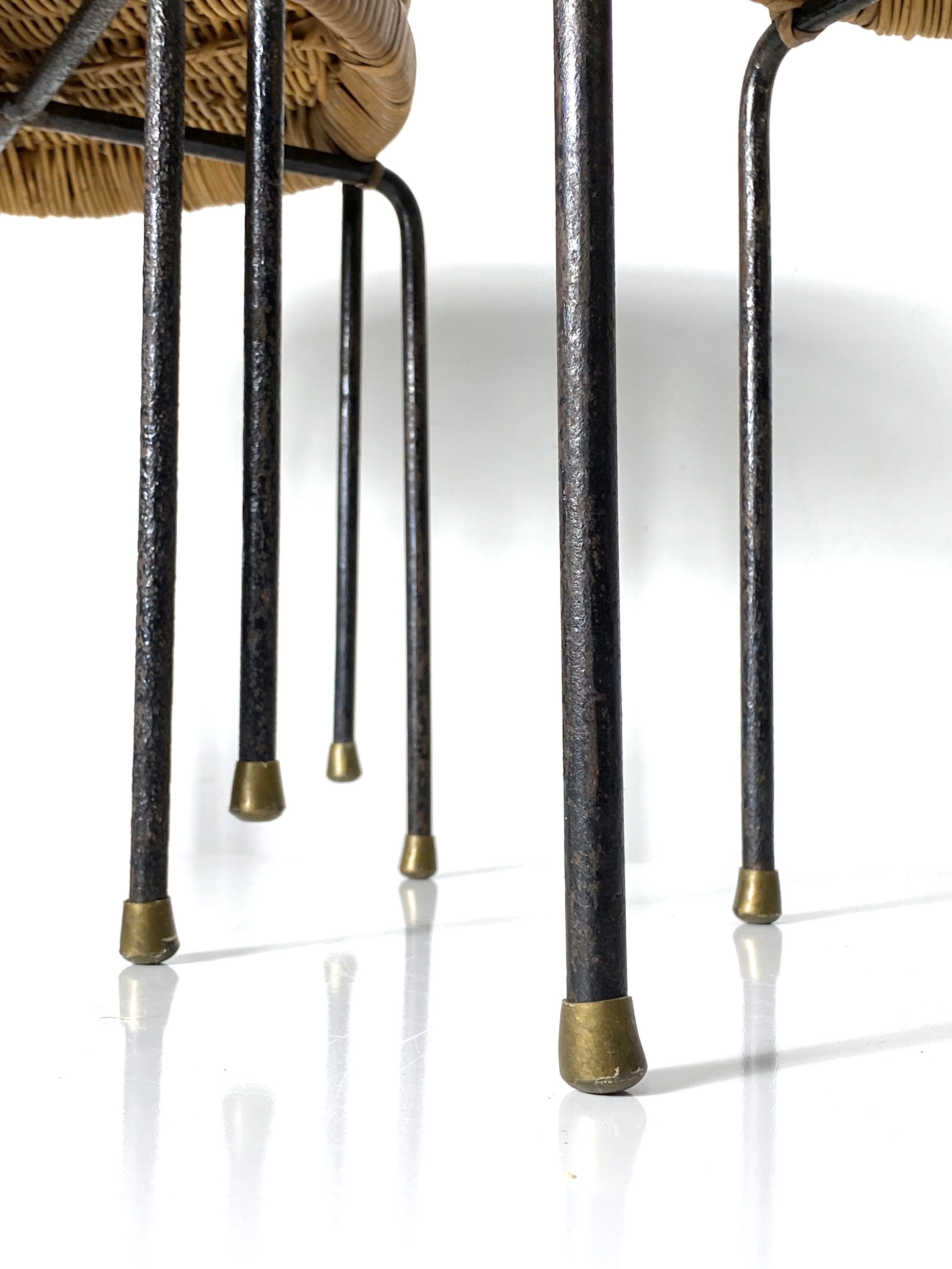 ON HOLD Set of Three Wicker Iron Stacking Tables or Stools 1950s