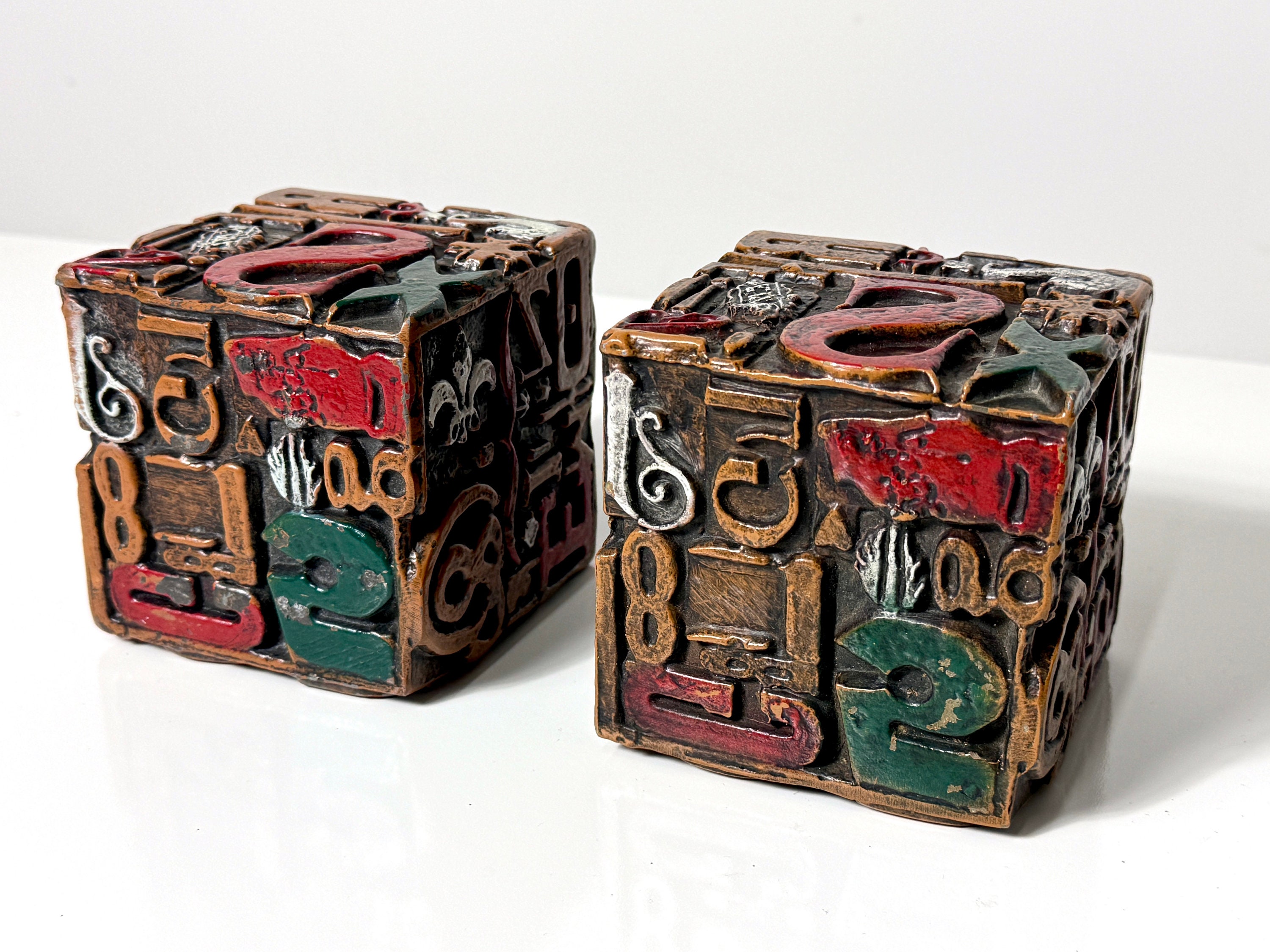 Pair Sheldon Rose Alpha Sculpt Cube Sculptures Bookends 1960s