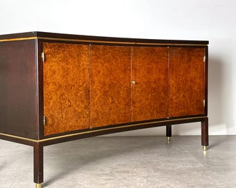 Mid Century Edward Wormley for Dunbar Curved Front Credenza in Burl Walnut Mahogany and Brass 1960s