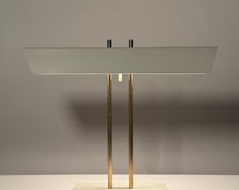 Mid Century Architectural Modern White Table Lamp in Brass and Enamel Nessen Studio 1950s