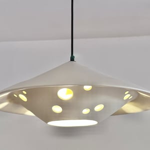 Vintage Mid Century Modern White Ceramic Space Age UFO Saucer Pendant Lamp 1970s