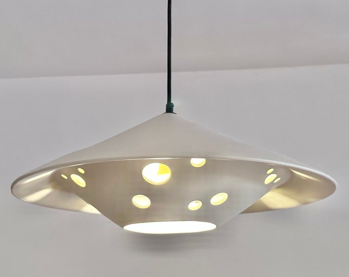 Vintage Mid Century Modern White Ceramic Space Age UFO Saucer Pendant Lamp 1970s