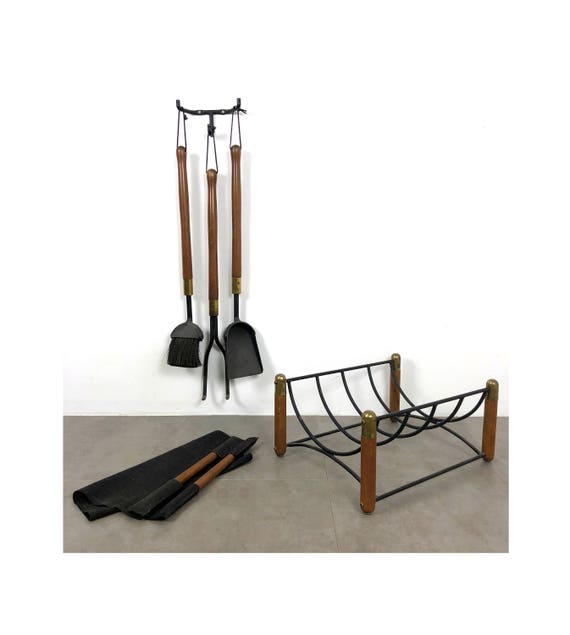 1960 S Walnut Iron Brass Fire Tools And Log Rack Set By Etsy