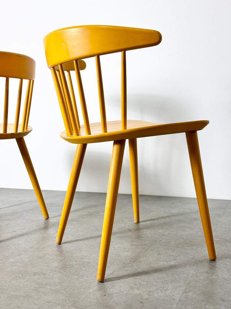 Vintage Pair Yellow Spindle Back Danish Chairs 1960s Mid Century Modern Scandinavian image 6
