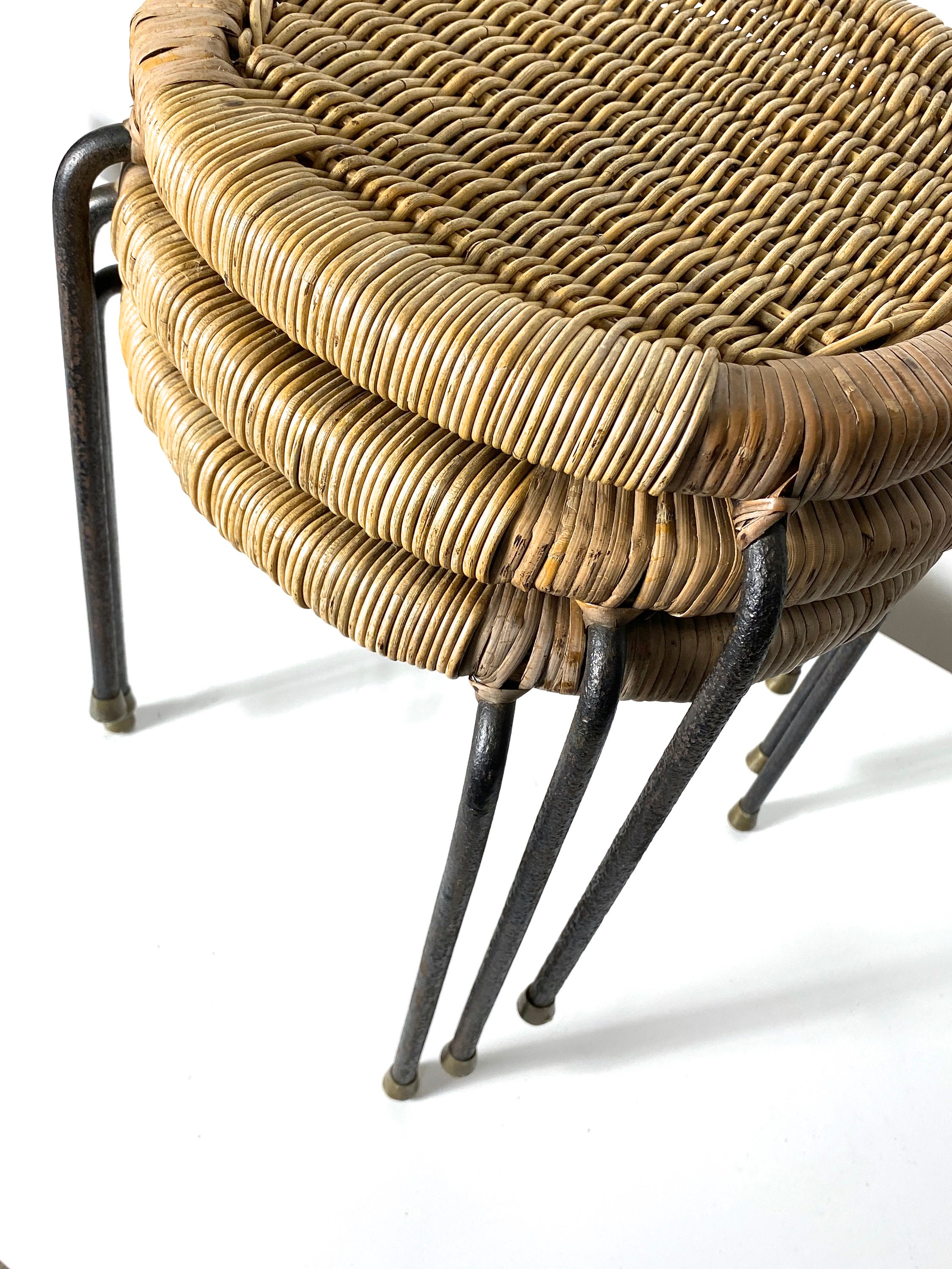 ON HOLD Set of Three Wicker Iron Stacking Tables or Stools 1950s