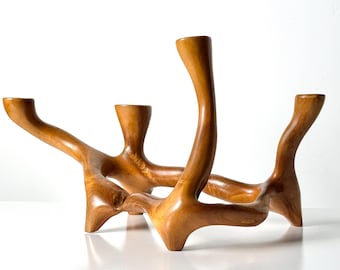 Vintage Organic Modern Hand Carved Teak Root Candelabra Sculptural Centerpiece
