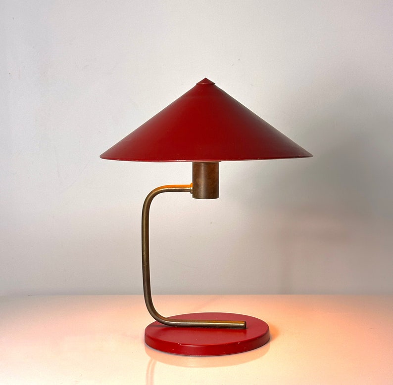 Vintage Walter Von Nessen Red Aluminum and Brass Canopy Table Lamp Art Deco 1930s image 1