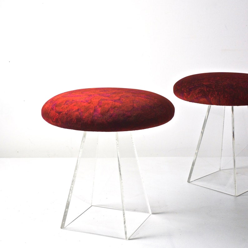 Pair of Vladimir Kagan Lucite Stools With Jack Lenor Larsen Velvet 1960s image 2