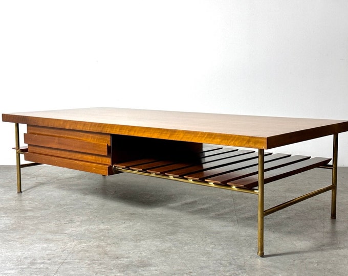 Vintage Mid Century Modern Ico Parisi for Singer & Sons Walnut and Brass Rectangular Slat Coffee Table 1950s