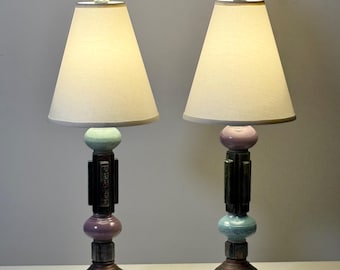 Pair of Vintage Glazed Ceramic Table Lamps Architectural Totem Design, Artist Signed