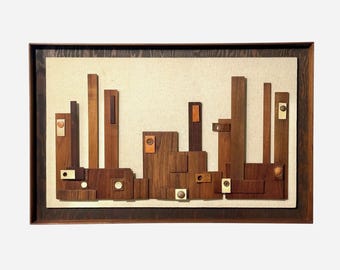Large Mid-Century Modern Walnut and Ceramic Abstract Cityscape Wall Sculpture 1970s