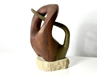 Orignal Vintage Mid Century Modern Abstract Biomorphic Wood & Bronze Sculpture by Fred Scott 1960s