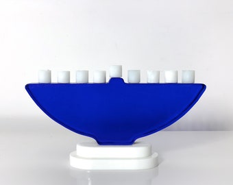 Vintage Cobalt Blue & White Art Glass Menorah 1980s