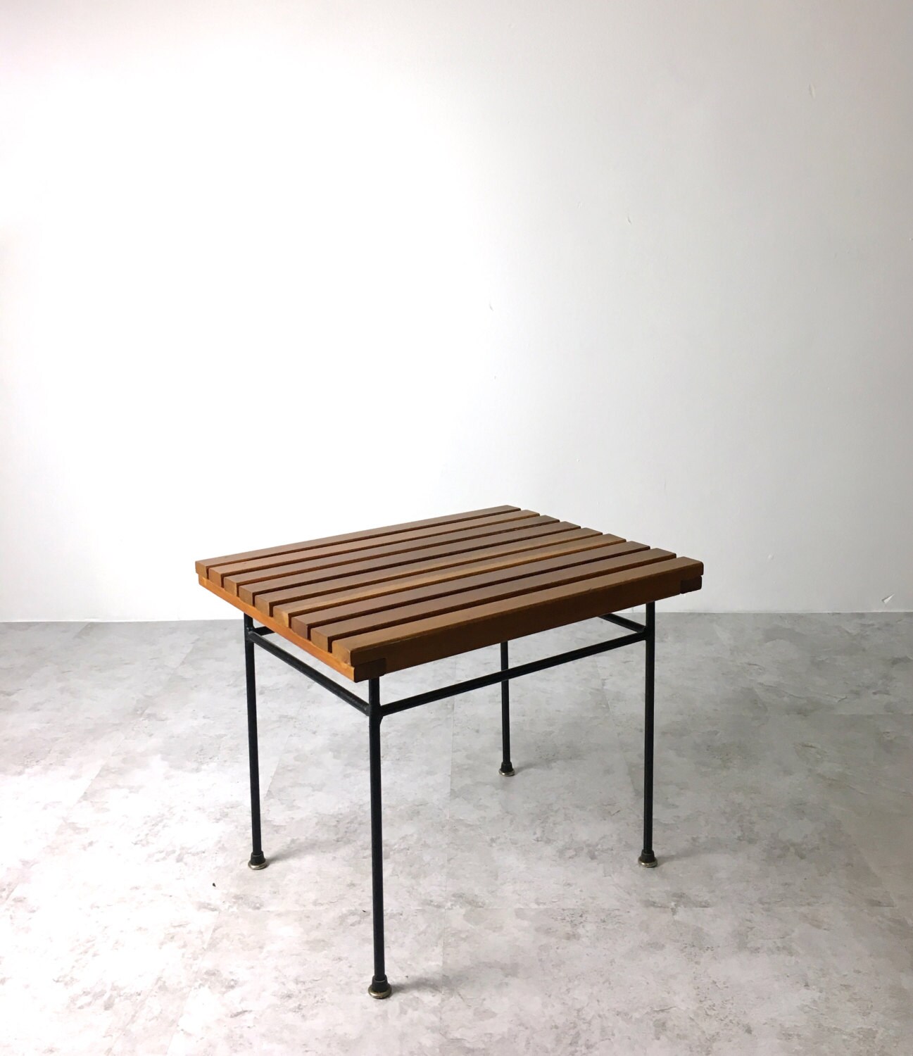 ON HOLD Vintage Mid Century Modern Wood Slat Iron Bench End Side Table