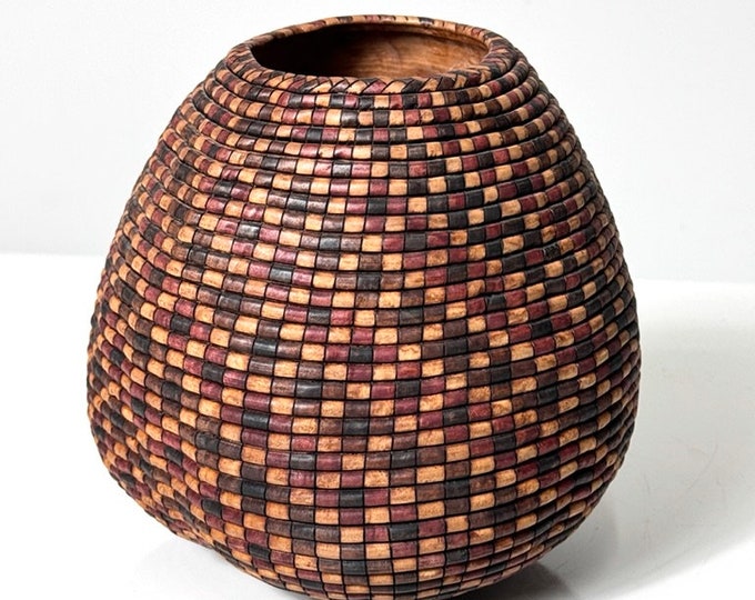 American Studio Craft Turned Wood Basket Illusion Vessel Bowl by David Nittmann 1990s