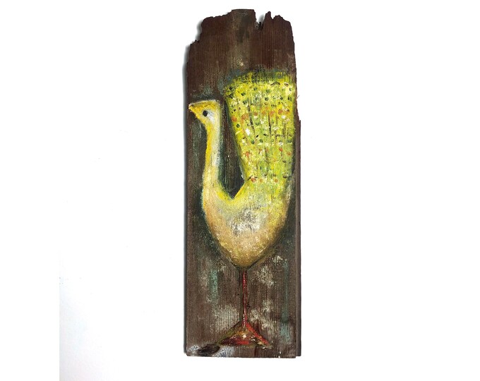 Vintage Modernist Bird Original Painting On Wood 1950s