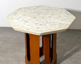 Mid Century Modern Terrazzo and Walnut Column Side Table by Harvey Probber 1960s