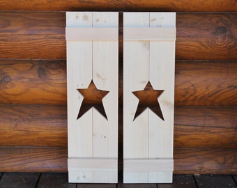 Primitive shutter with a star cutout. Unfinshed. Set of 2. 7"x21"