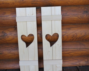 Primitive shutters with a heart shape cutout, unfinished. Set of 2.  7"x21"