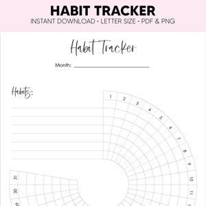May include: A printable habit tracker with a grid for tracking daily habits. The tracker has a section for listing habits and a circular grid with numbers 1 through 31 for tracking daily progress.