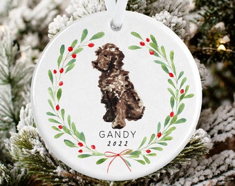 Chocolate Doodle Wreath Christmas Ornament, Brown Doodle, Chocolate Golden Doodle, Labradoodle, Dog Ornament, Personalized