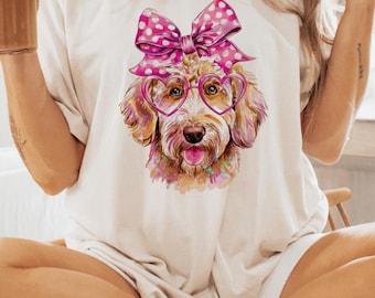 Pink Bow Goldendoodle Tshirt Design, Pink Doodle Png, Sublimation Designs for Shirts, Trending, Coquette Png, Instant Digital Download