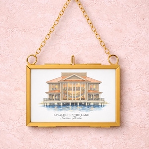 Gold Frame Ornament with Custom Watercolor Home or Venue Portrait, Personalized Painting Keepsake, Christmas Ornament
