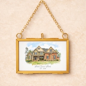 Custom Watercolor Portrait in Gold Frame Ornament, Personalized House Painting, Christmas Keepsake New Home