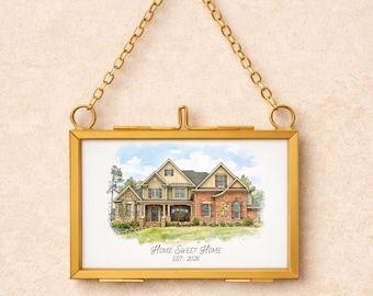 Custom Watercolor Portrait in Gold Frame Ornament, Personalized House Painting, Christmas Keepsake New Home