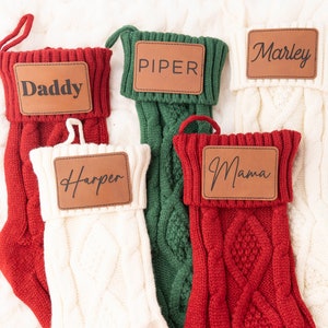 Personalized Christmas Stocking, Custom Family Stockings, Laser Engraved Christmas Stockings, Leather Patch Name Stockings, Mantle Decor