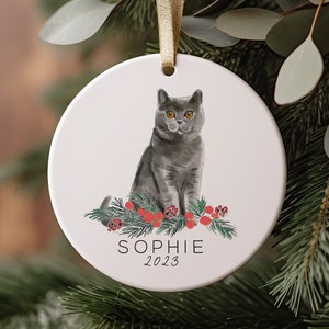 British Shorthair Cat Christmas Ornament, Grey Cat, Personalized Ornament for Pet, Holiday, Keepsake, Memorial