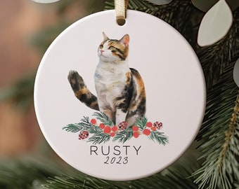 Calico Cat Christmas Ornament, Orange, Black and White Cat Ornament, Personalized Ornament for Pet, Holiday, Christmas, Keepsake, Memorial