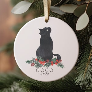 Personalized Ornament of Black Cat Looking Up, 2023 Pet Ornament, Watercolor Cat Ornament, Black Kitty Ornament, Custom Pet Ornament