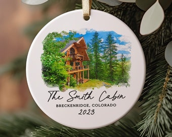 Our Cabin Watercolor Ornament, Custom New Home Ornament, Custom Watercolor House Christmas,Personalized Ornament Gift, Housewarming