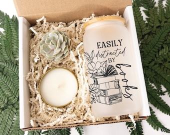 Easily Distracted by Books Tumbler Gift Box, Book Lover Candle Gift Set, Best Friend Gift Box, Thinking of You Care Package, Birthday Box